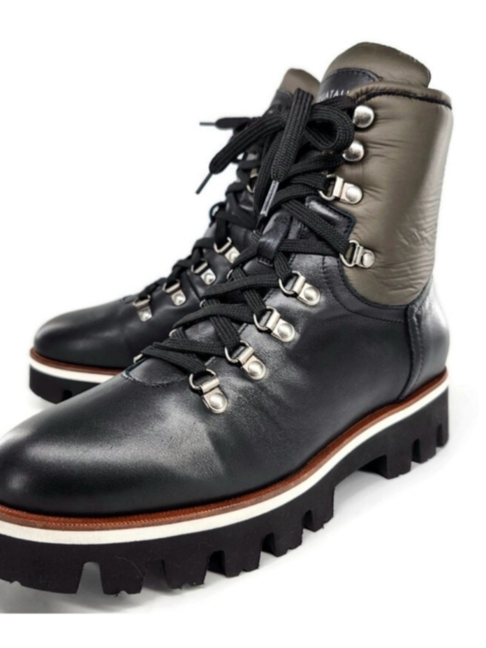 Aquatailia Morena Black & Olive Colorblock Leather Lace-Up Lug Sole Combat Boots
